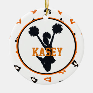 Ornamento De Cerâmica Cheerleader alaranjado e preto dos megafone