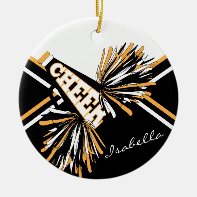 Ornamento De Cerâmica Cheerleader 📣 💖 - Branco, Preto e Dourado (Frente)