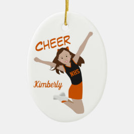 Ornamento De Cerâmica Cheerleader Brunette Orange & Black