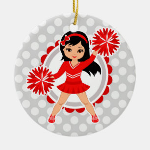 Ornamento De Cerâmica Cheerleader - Cabelo Preto Vermelho Cinto Torto