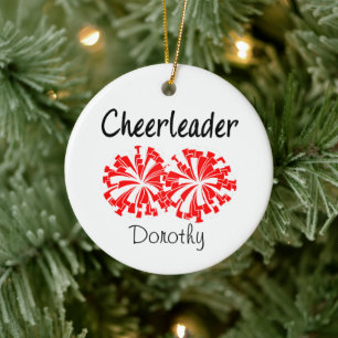 Ornamento De Cerâmica Cheerleader com Pom Poms Vermelhos e Brancos