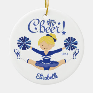 Ornamento De Cerâmica Cheerleader louro do elogio azul bonito