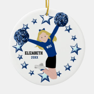 Ornamento De Cerâmica Cheerleader louro Pom Poms no azul & no preto