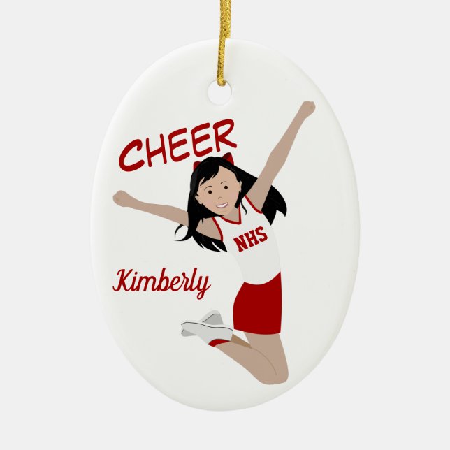 Ornamento De Cerâmica Cheerleader Preto Cabelo Vermelho e Branco (Frente)