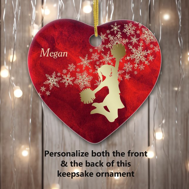 Ornamento De Cerâmica Cheerleader Red Dourado Floco de Neve Personalizad (Criador carregado)