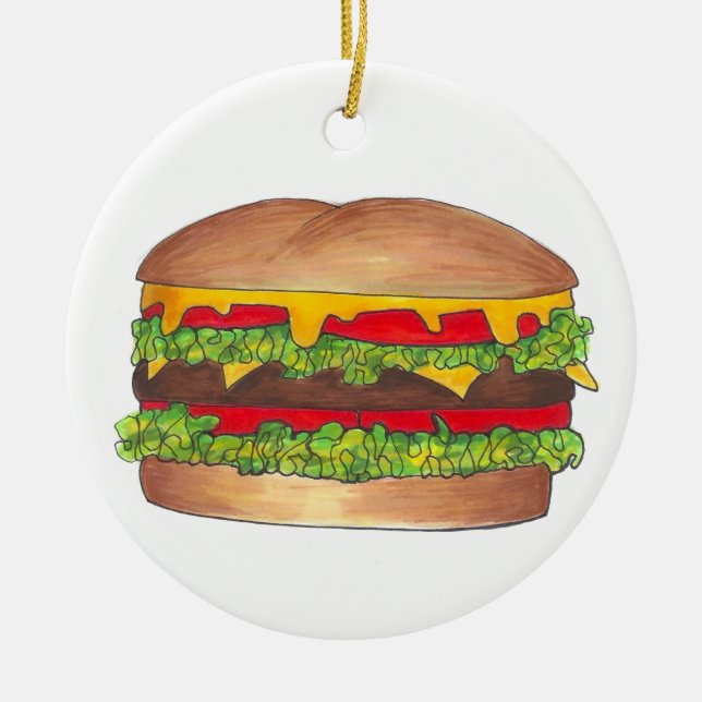 Ornamento De Cerâmica Cheeseburger Cookout Picnic Hamburger Burger (Frente)