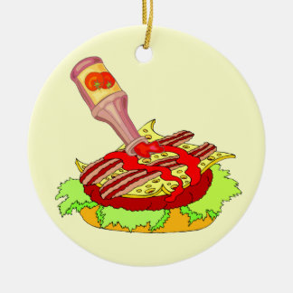 Ornamento De Cerâmica Cheeseburger suíço do bacon com ketchup