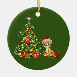 Ornamento De Cerâmica Cheetah com o natal do chapéu