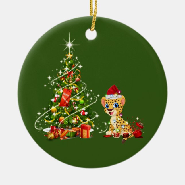 Ornamento De Cerâmica Cheetah com o natal do chapéu (Frente)