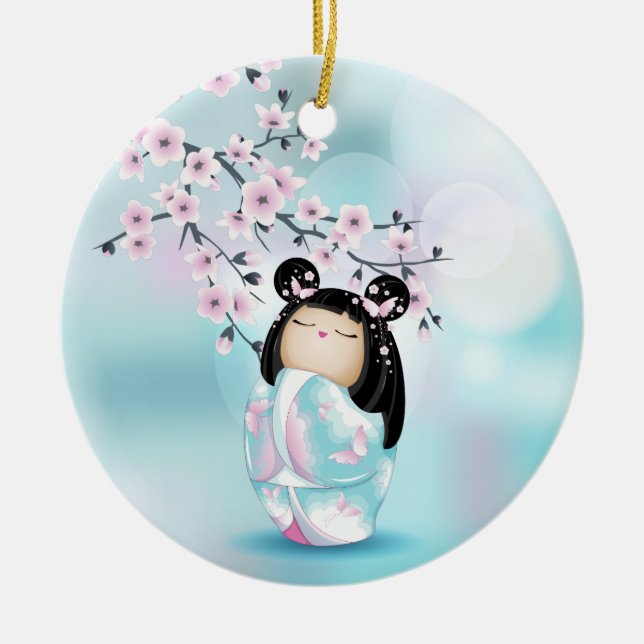 Ornamento De Cerâmica Cherry Blossom Kokeshi Doll Pink Turquoise (Frente)