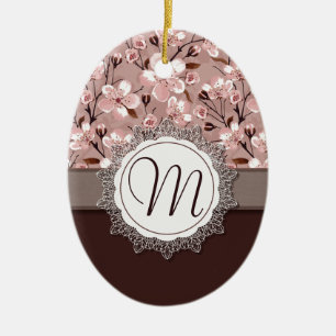 Ornamento De Cerâmica Cherry Blossoms com Lace Monogramas