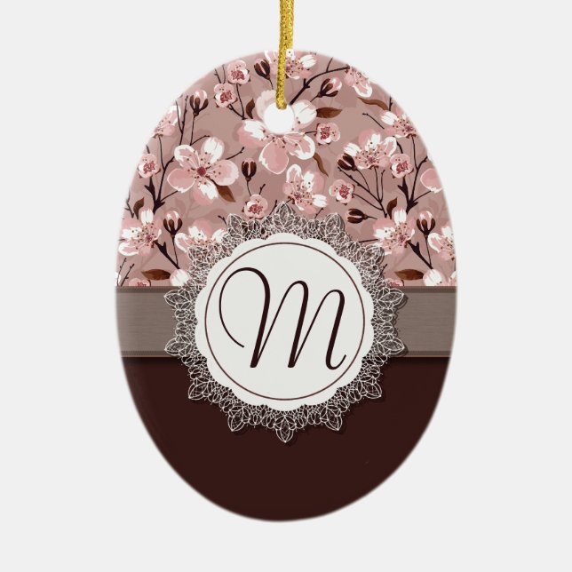 Ornamento De Cerâmica Cherry Blossoms com Lace Monogramas (Frente)