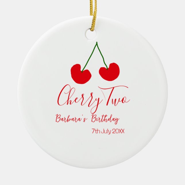 Ornamento De Cerâmica Cherry two 2nd birthday red cherry kids simple  (Frente)