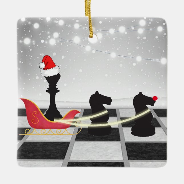 Ornamento De Cerâmica Chess Santa Claus e Reindeer Natal (Frente)