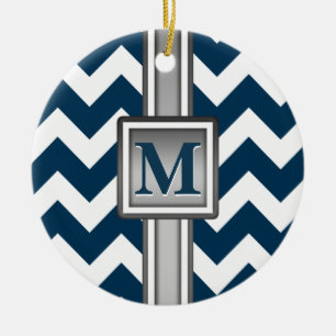 Ornamento De Cerâmica Chevron com Cinza Branca Azul Moderno, Monograma