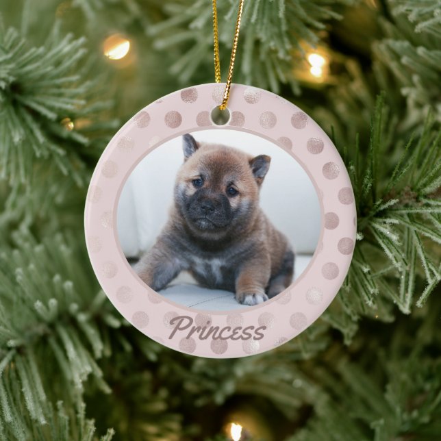 Ornamento De Cerâmica Chic Blush Pink Bolinhas Pet Photo Natal (Árvore)