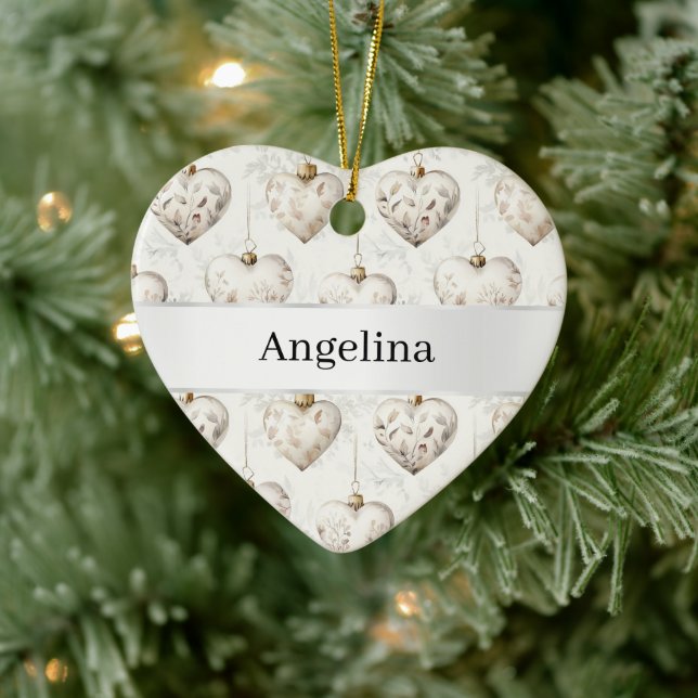 Ornamento De Cerâmica Chic Cream Hearts Silver Ribbon Christmas (Árvore)