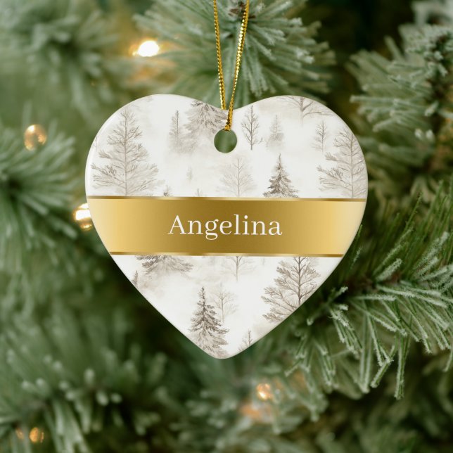 Ornamento De Cerâmica Chic Cream Trees Gold Ribbon Christmas (Árvore)