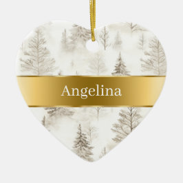 Ornamento De Cerâmica Chic Cream Trees Gold Ribbon Christmas