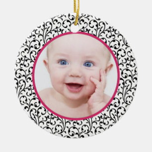 Ornamento De Cerâmica Chic Damask Pink Baby Primeiro Natal