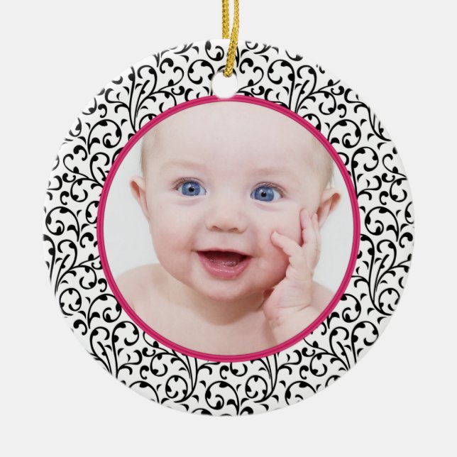 Ornamento De Cerâmica Chic Damask Pink Baby Primeiro Natal (Frente)