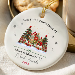 Ornamento De Cerâmica Chic First Christmas at our new home patchwork