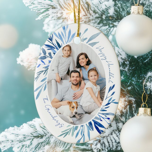 Ornamento De Cerâmica Chic Happy Hanukkah Family Photo Blue (Criador carregado)