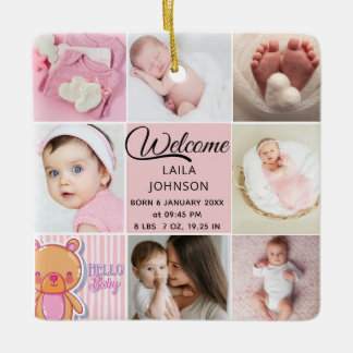 Ornamento De Cerâmica Chic Pink Custom name and baby girl photo collage