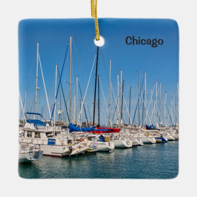 Ornamento De Cerâmica Chicago Harbor Marina, lago Michigan, (Frente)