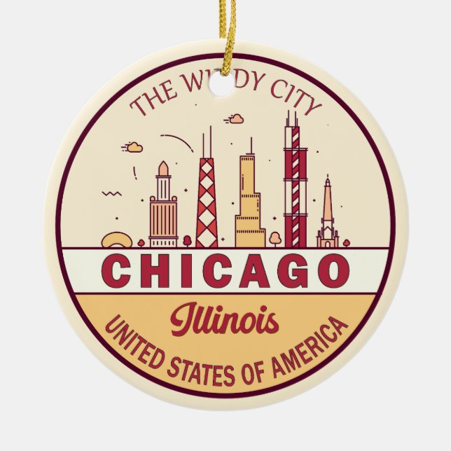 Ornamento De Cerâmica Chicago Illinois City Skyline Emblem (Frente)