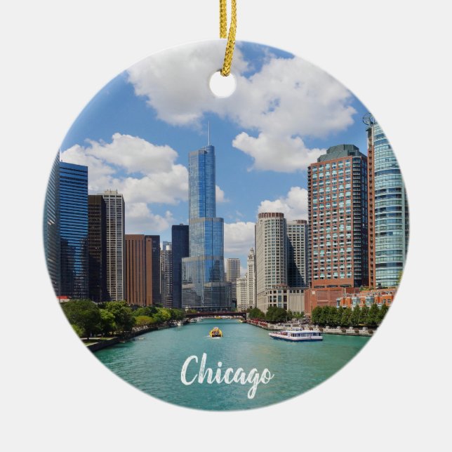 Ornamento De Cerâmica Chicago Illinois River Skyline Photo Christmas (Frente)