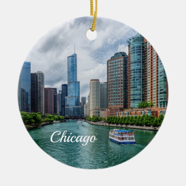 Ornamento De Cerâmica Chicago River e Trump Tower Ornament (Frente)
