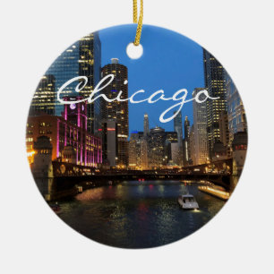 Ornamento De Cerâmica Chicago River no Ornament noturno