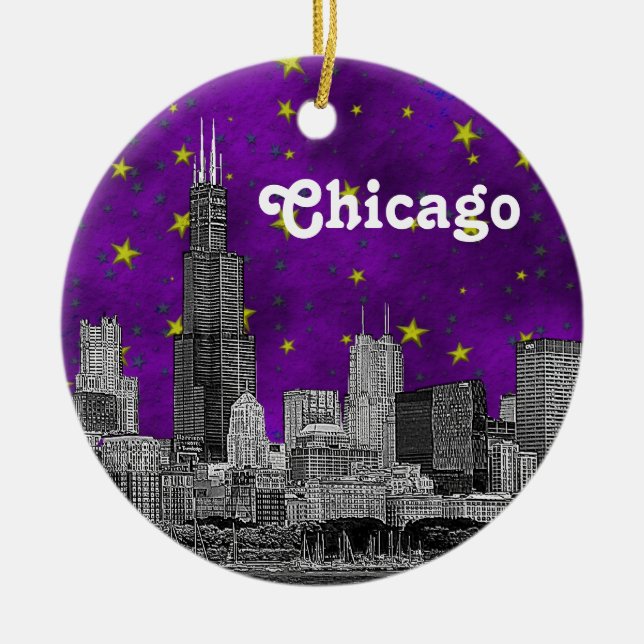Ornamento De Cerâmica Chicago Skyline Enchida, Purple StarSky (Frente)
