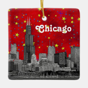 Ornamento De Cerâmica Chicago Skyline Enchida, Red Starry Sky