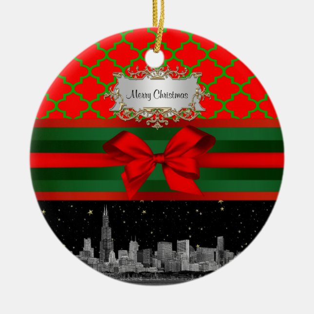 Ornamento De Cerâmica Chicago Skyline, Red Green Quatrefoil Xmas (Frente)