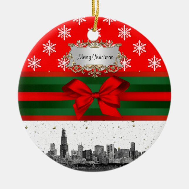 Ornamento De Cerâmica Chicago Skyline Red Snowflake Natal (Frente)