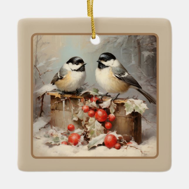 Ornamento De Cerâmica Chickadee Christmas (Frente)