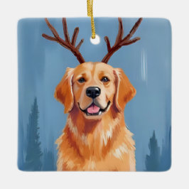 Ornamento De Cerâmica Chifre de Rena para Golden Retriever | Natal