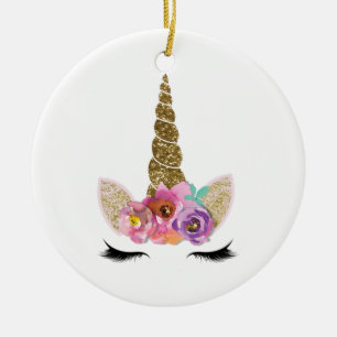 Ornamento De Cerâmica Chifre de Unicórnio com Purpurina Dourada Personal