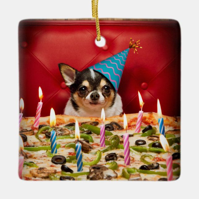 Ornamento De Cerâmica Chihuahua Birthday Pizza Pie (Frente)