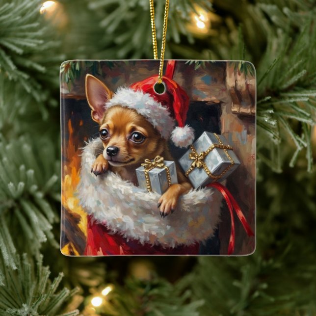 Ornamento De Cerâmica Chihuahua Dog Christmas Stocking Surprise Art (Árvore)