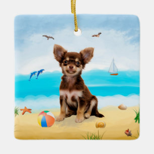 Ornamento De Cerâmica Chihuahua Dog na praia