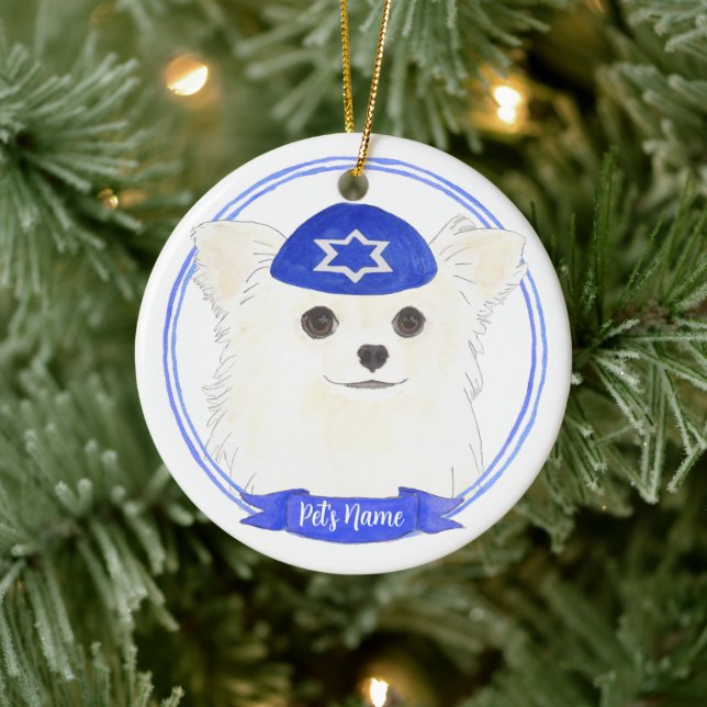 Ornamento De Cerâmica Chihuahua Hanukkah, Cabelo Longo Personalizado (Árvore)