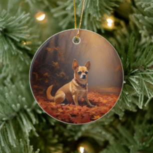 Ornamento De Cerâmica Chihuahua nas Folhas de Outono Caem Inspiração