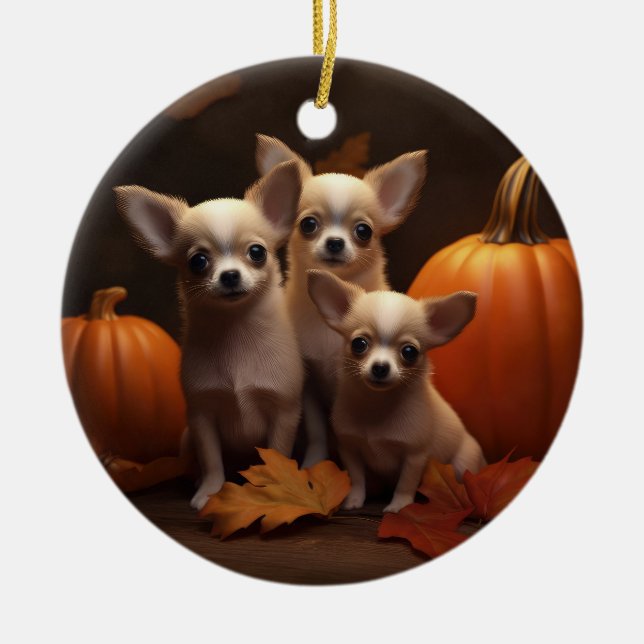 Ornamento De Cerâmica Chihuahua Puppy Autumn Delight Pumpkin (Frente)