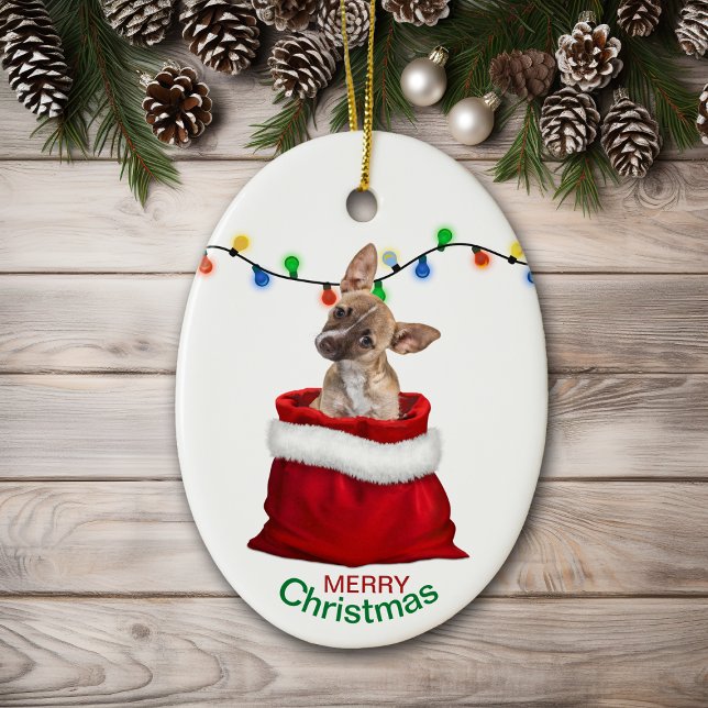 Ornamento De Cerâmica Chihuahua Puppy no Gift Bag Natal (Criador carregado)