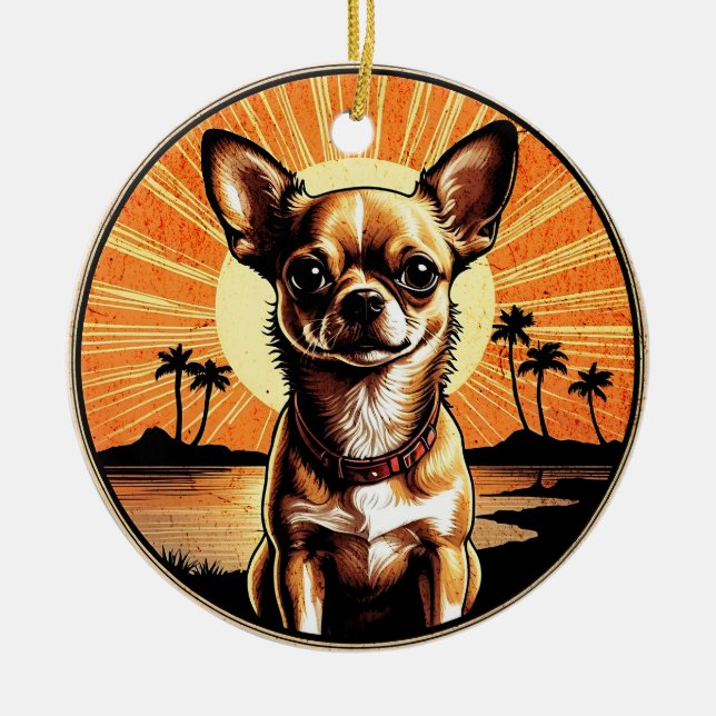 Ornamento De Cerâmica Chihuahua Retro Sunset Dog Lover (Frente)