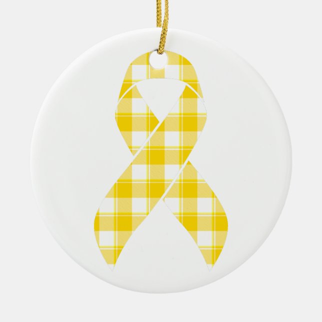 Ornamento De Cerâmica Childhood Cancer Survivor Plaid Gold Ribbon (Frente)