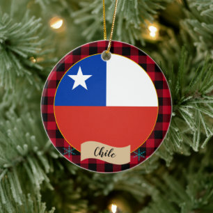 Ornamento De Cerâmica Chile, xadrez Vermelha de búfalo e Bandeira Chilen